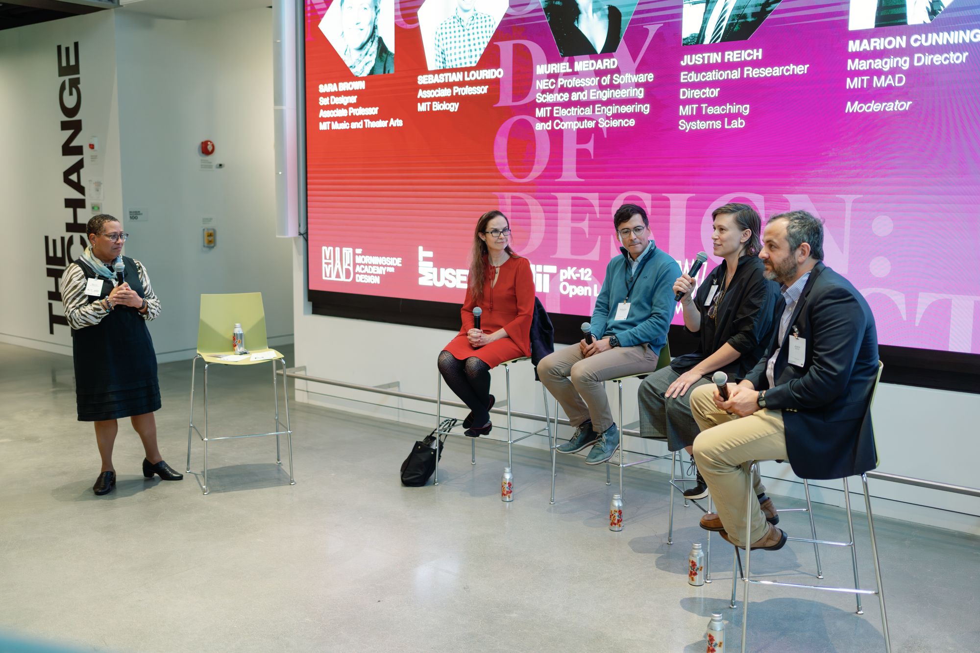 A panel of speakers in the MIT Museum.